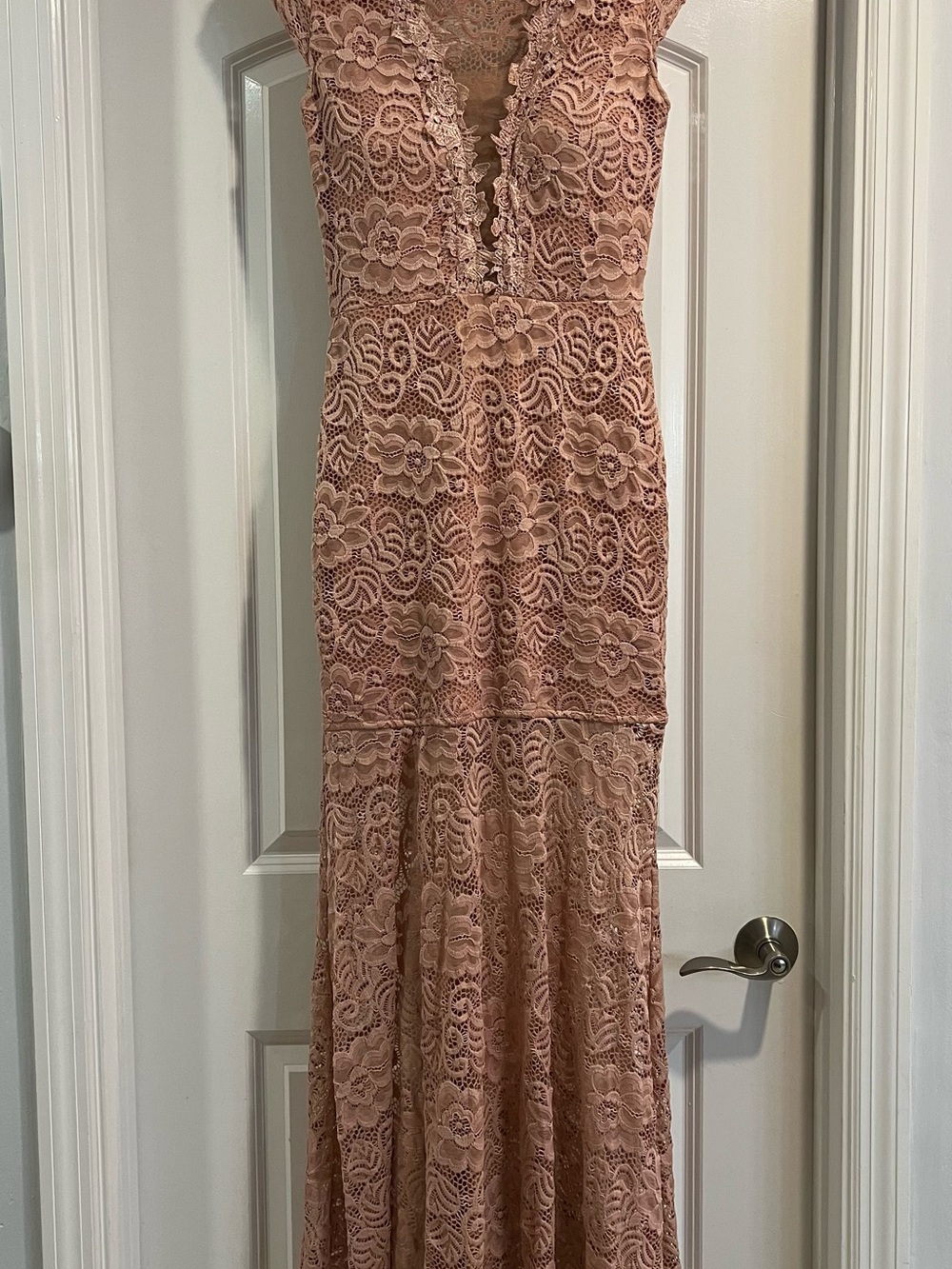 Blush Lace Maxi Dress with Deep V Neck